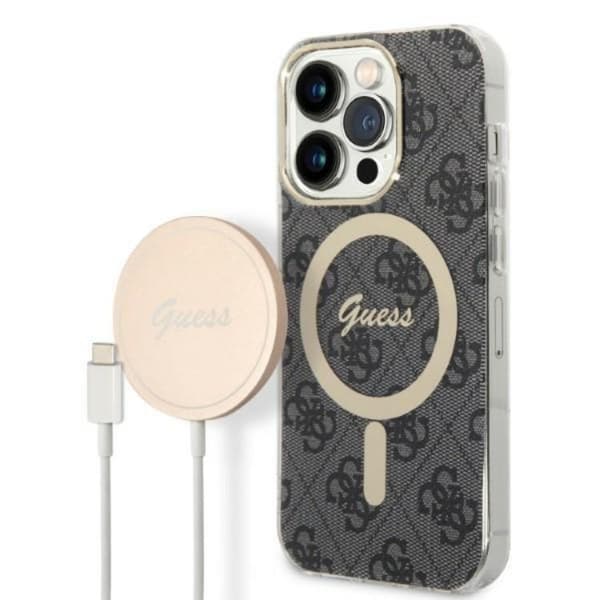 GUESS iPhone 14 Pro Magsafe Skal 4G Print + Trådløs Oplader - Sort Black