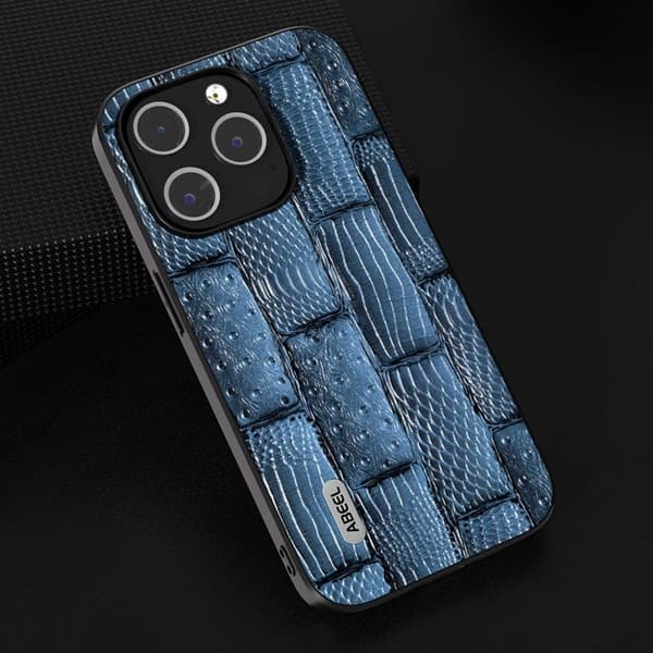 ABEEL Mobilskal till iPhone 15 Pro Mahjong Textur Blå Äkta Läder+PC+TPU
