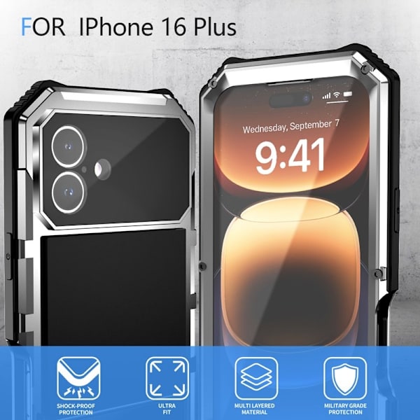 R-JUST Mobilskal till iPhone 16 Plus PC+Silicone+Metal Ställ Silver
