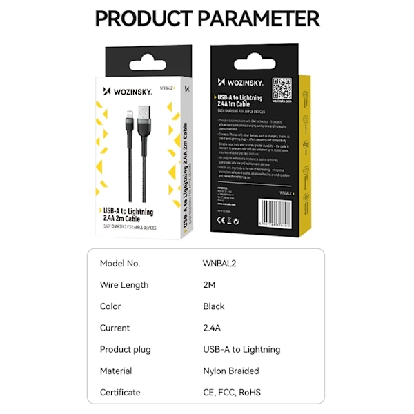 Wozinsky USB-A till Lightning kabel 2.4A 2m - Svart