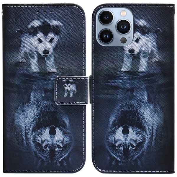 iPhone 15 Pro Max Plånboksfodral Tryck - Hund och Varg Svart