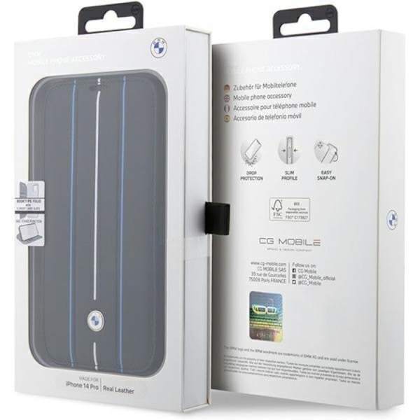 BMW iPhone 14 Pro Max Plånboksfodral Läder Stramp Lines - Blå