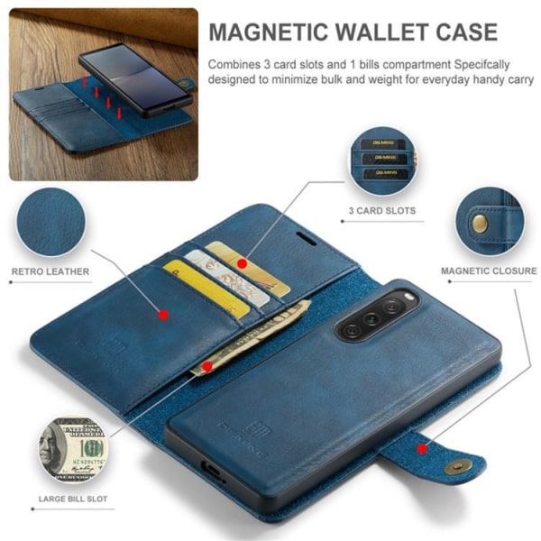 DG.MING Sony Xperia 10 V lompakkokotelo aitoa nahkaa 2in1 - sininen