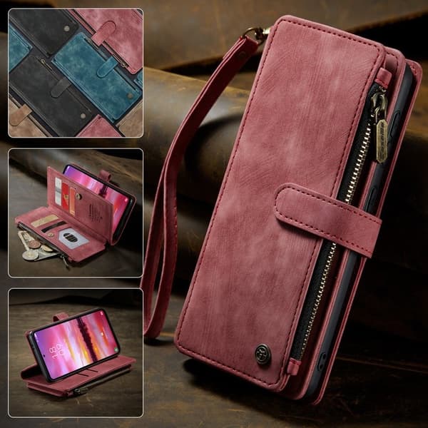 CASEME Konstläder Plånboksfodral för Samsung Galaxy S25+ med rem - Röd