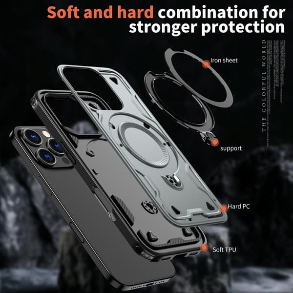 iPhone 16 Pro Max Skal Plast Militärt Skydd Med Ställ - Grå