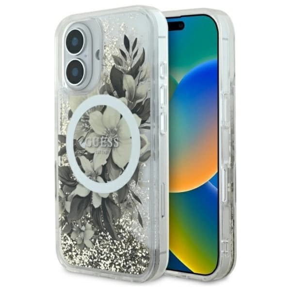 Guess Mobilskal till iPhone 16 MagSafe Liquid Glitter Flower Beige