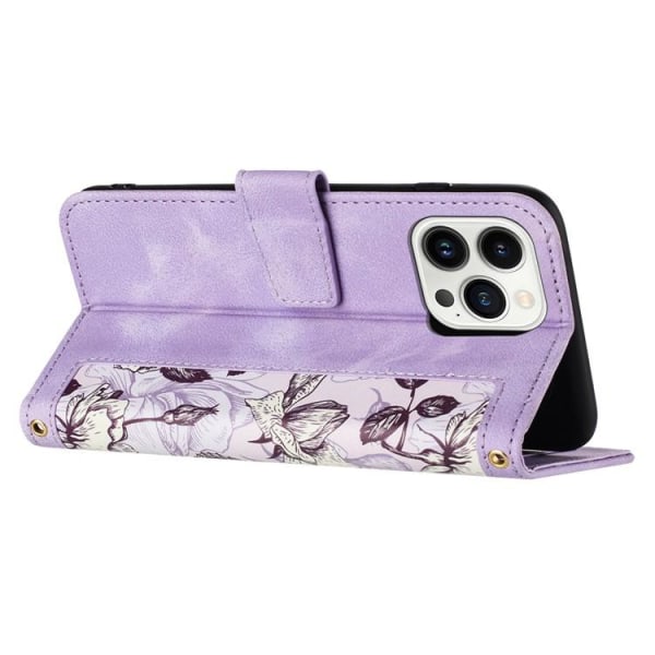 iPhone 15 Pro -lompakkokotelon kukkakuvio - vaalea violetti