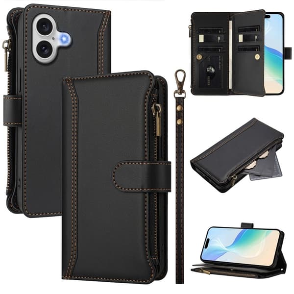 iPhone 17 Plånboksfodral Zipper Med Rem - Svart Svart