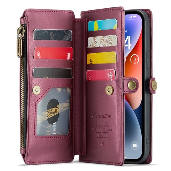 CASEME Plånboksfodral Konstläder för iPhone 14 Plus - Vinröd