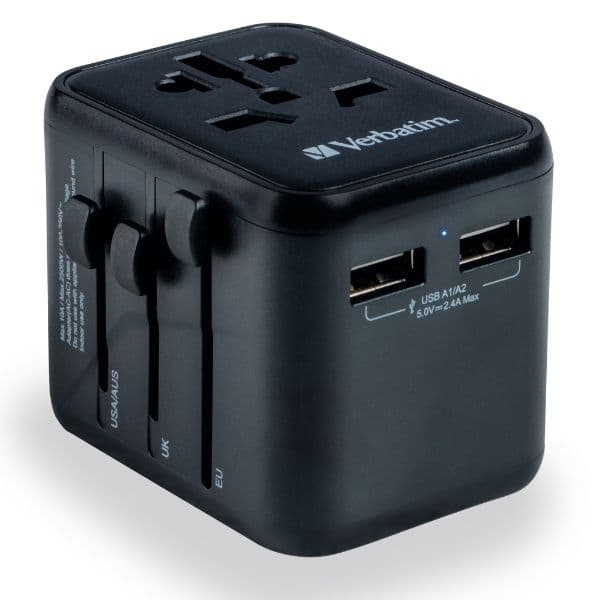Verbatim Rejselader 2xUSB-A EU/UK/US - Sort Svart