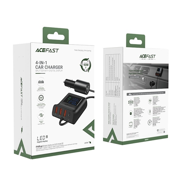 Acefast Billaddare 90W 3x USB Till USB-C Cigarettändare - Svart Svart