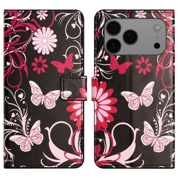 iPhone 17 Pro Max Konstläder Plånboksfodral Pattern Print - Svart Fjäril Svart