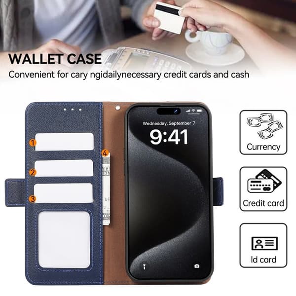 ABEEL iPhone 15 Pro Plånboksfodral RFID-Skydd Litchi Konstläder Blå