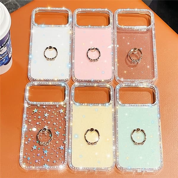 Mobilskal till iPhone 17 Pro Max Rhinestone Edge Ring Kickstand Transparent