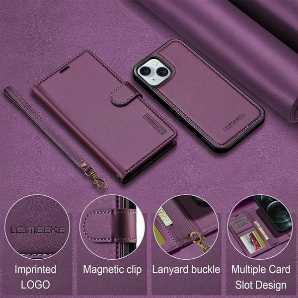LC.IMEEKE L2 Series iPhone 15 Plånboksfodral Konstläder - Lila