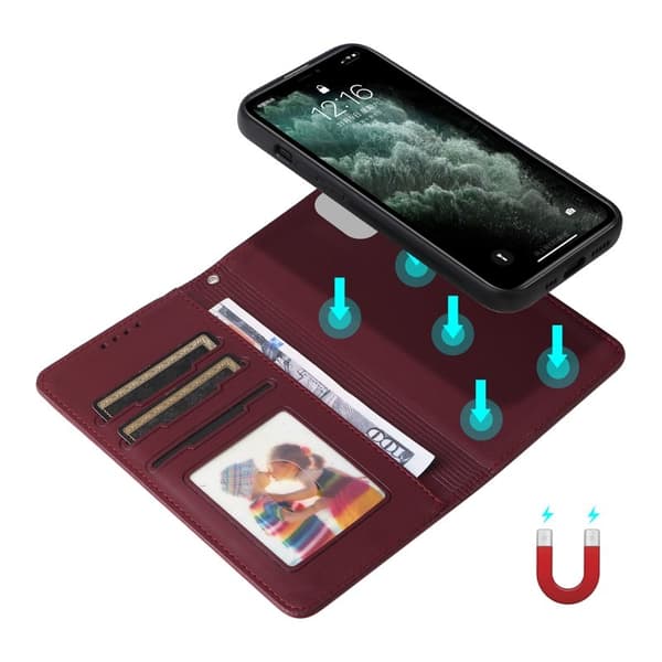 BETOPNICE iPhone 11 Pro Max Plånboksfodral - Detachable Konstläder- Vinröd