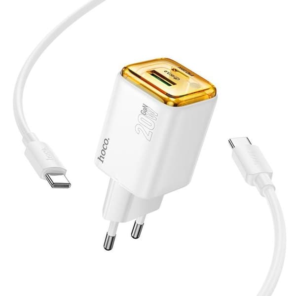 Hoco Snabbladdare PD 20W USB-A USB-C QC3.0 3A med USB-C Kabel N52 - Vit