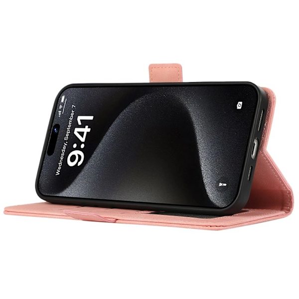 ABEEL iPhone 15 Pro Max Plånboksfodral Konstläder Ställ RFID Skydd - Rosa