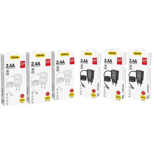 Dudao 2x USB Vægoplader med indbygget lightning 12 W Kabel Sort Black