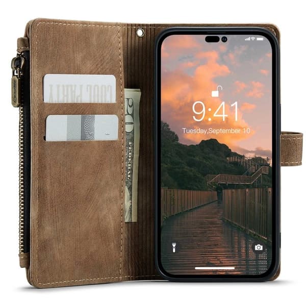 CASEME iPhone 14 Pro Konstläder Plånboksfodral med Dragkedja Brun