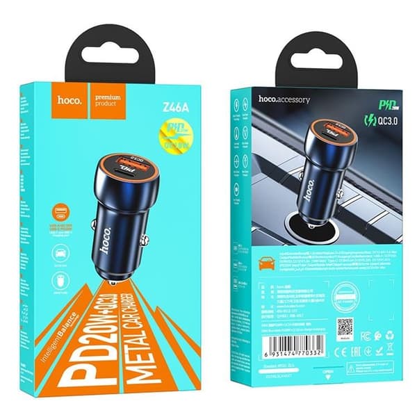 Hoco Biloplader 20W USB-A/USB-C Z46A - Safir Blå Blå