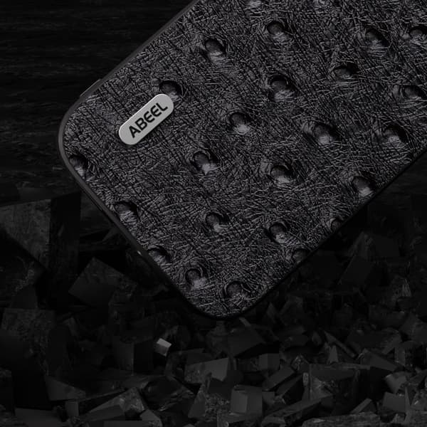 ABEEL Mobilskal till iPhone 15 Plus Ostrich Textur Äkta Läder Svart