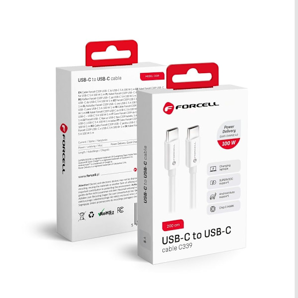 FORCELL USB-C till USB-C kabel QC4.0 5A/20V PD100W 2m