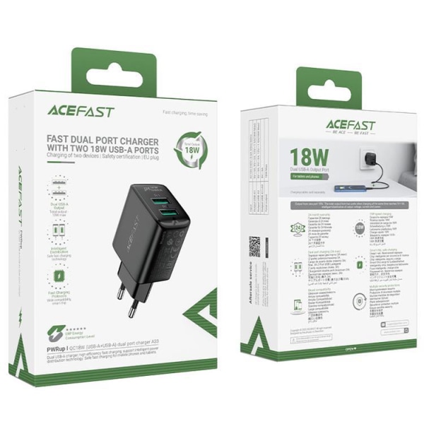 Acefast seinälaturi 2x USB 18W - musta