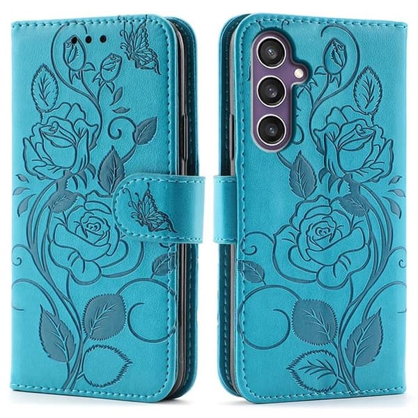 Galaxy S26 Plus Konstläder Plånboksfodral Imprinted Rosa Butterfly - Blå Blå