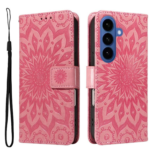 Samsung Galaxy S26 Plus Plånboksfodral Konstläder Solrostryck - Rosa