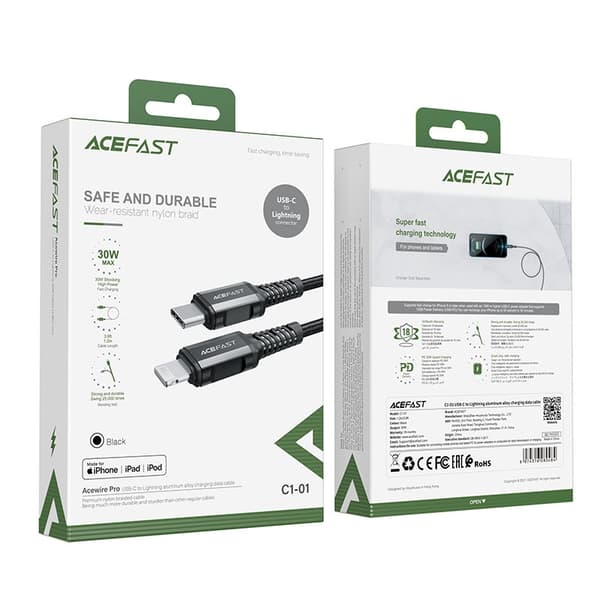 Acefast MFI USB-C till Lightning-kabel 30W 1,2m - Svart Black