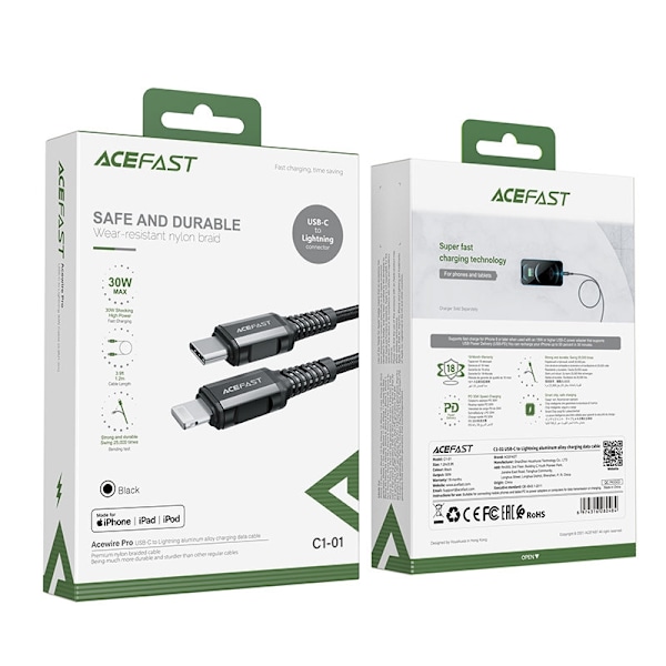 Acefast MFI USB-C till Lightning kabel 30W 1.2m - Svart Svart