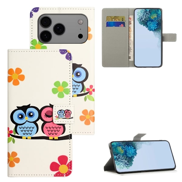 iPhone 17 Pro Plånboksfodral Pattern Print Konstläder - Par ugglor Vit