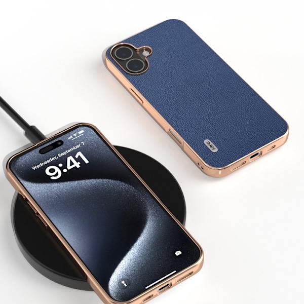 ABEEL Mobilskal till iPhone 16 Plus Electroplating Äkta Läder Blå