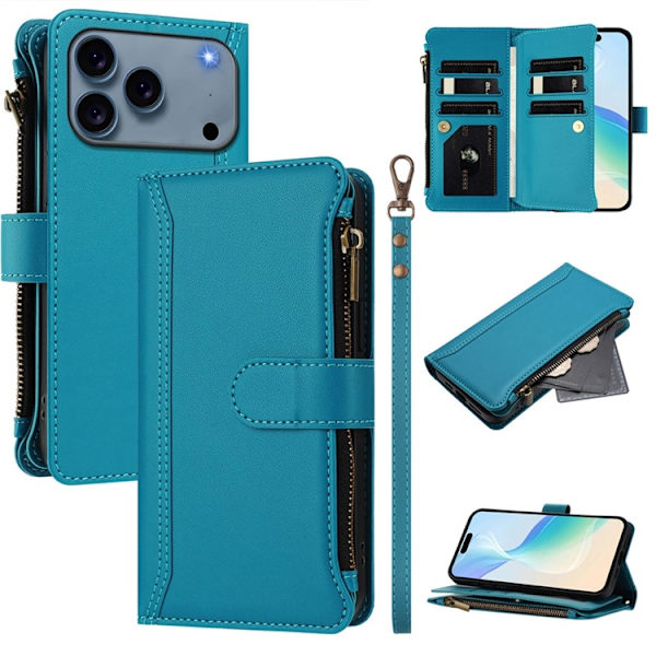 iPhone 17 Pro Plånboksfodral Zipper Med Rem - Blå Blå