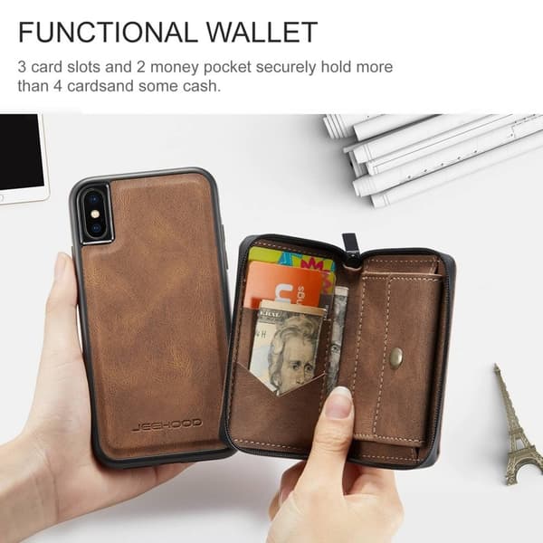 JEEHOOD Mobilskal till iPhone XS Max Detachable Zipper Wallet Brun