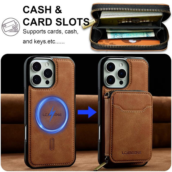 LC.IMEEKE L6 iPhone 16 Pro Plånboksfodral Konstläder - Brun