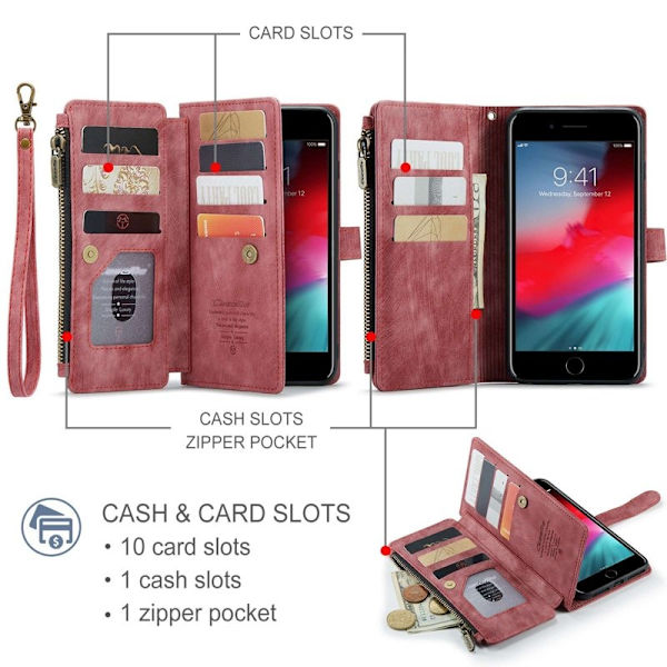 CASEME Konstläder Plånboksfodral för iPhone 6 Plus/6s Plus/7 Plus/8 Plus Röd