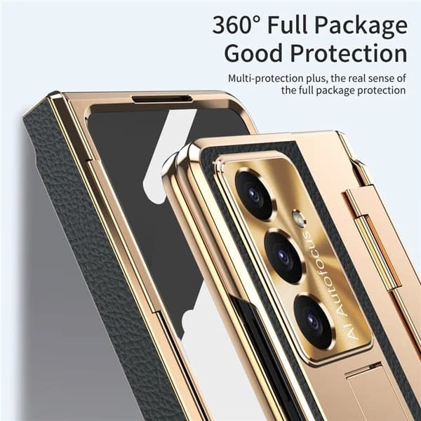 Mobilskal till Galaxy Z Fold7 5G läder + PC Kickstand - Guld+Svart Guld