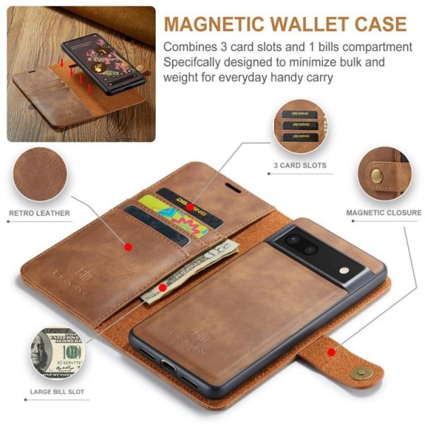 DG.MING Google Pixel 7 Wallet Case Aftageligt 2-i1 ægte læder