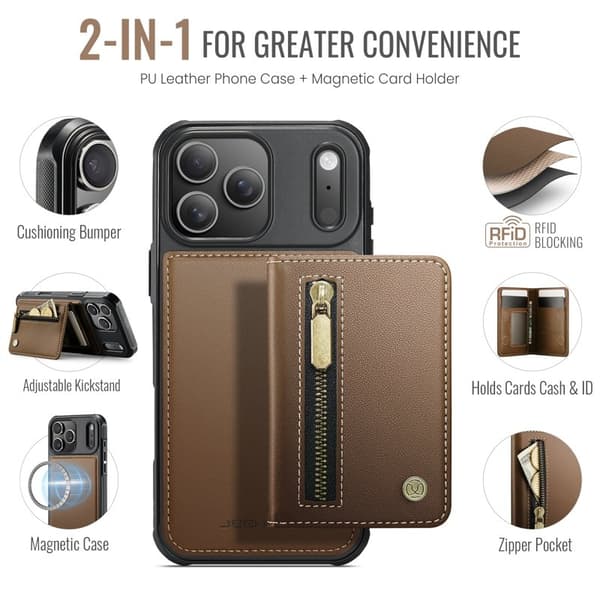 JEEHOOD J12 Plånboksfodral iPhone 17 Pro Magnetisk Konstläder Brun