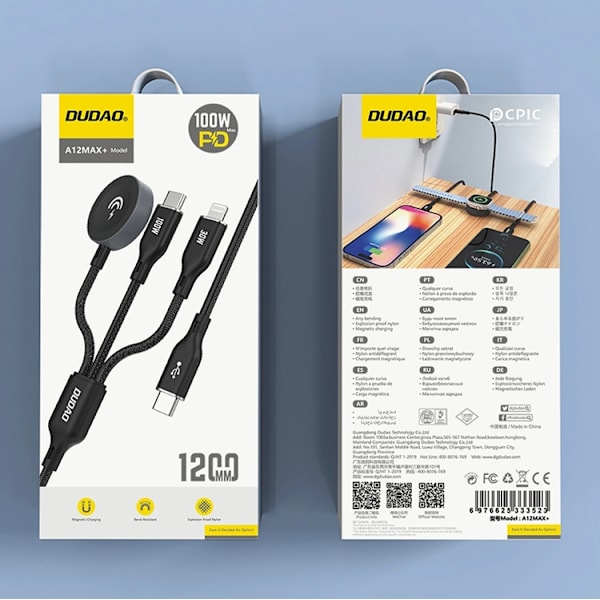 Dudao 3in1 Apple Watch oplader m/USB-C/Lightning-kabel A12Max Plus - Sort Black