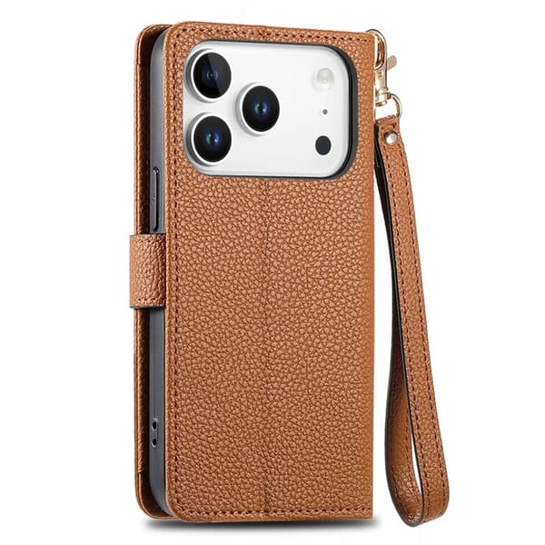 iPhone 17 Pro Max Konstläder Plånboksfodral RFID-Skydd Zipper med rem - Brun Brun
