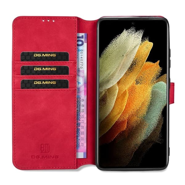 DG.MING Retro Konstläderplånboksfodral Samsung Galaxy S21 Ultra 5G Röd