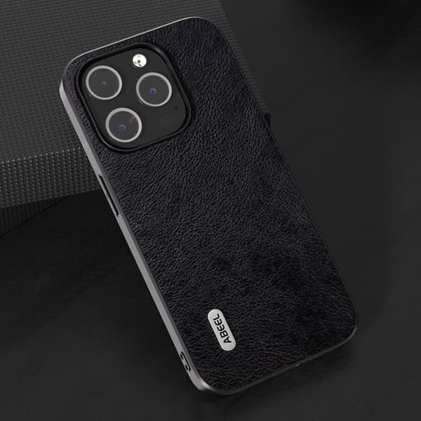 ABEEL Back Shell Mobilskal till iPhone 15 Pro Litchi Textur PU Läder Svart