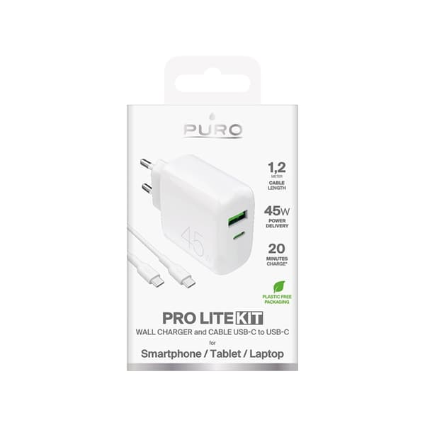 Puro Snabbladdare 45W USB-A/USB-C med USB-C Kabel PD - Vit Vit
