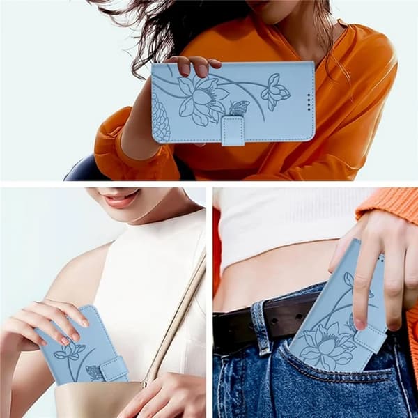 iPhone 17 Pro Max Konstläder Plånboksfodral Lotus Imprint - Blå Blå
