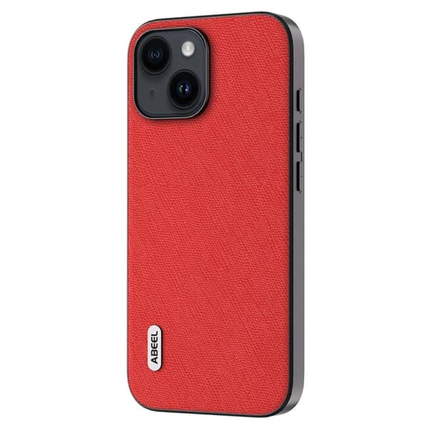 ABEEL Mobilskal till iPhone 14 Plus Cross Texture Röd Äkta Läder Leather