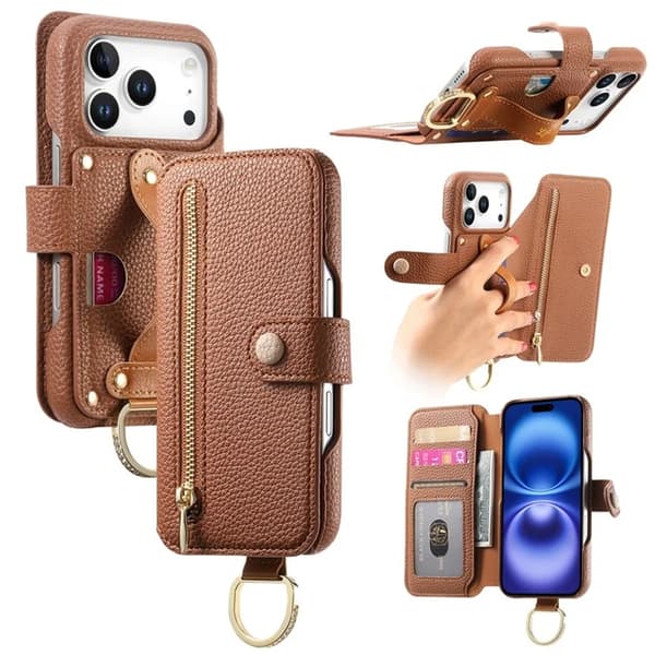 iPhone 17 Pro Konstläder Plånboksfodral RFID-Skydd Zipper - Brun Brun