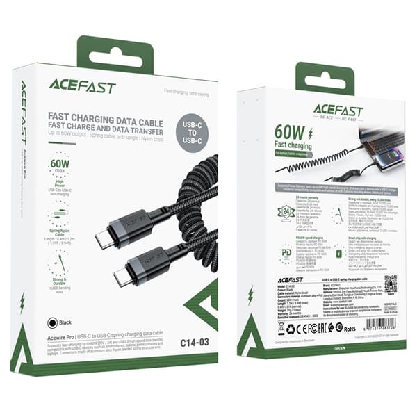 Acefast USB-C - USB-C 3A Kabel 1.2m Spring 480Mb/s - Svart Svart